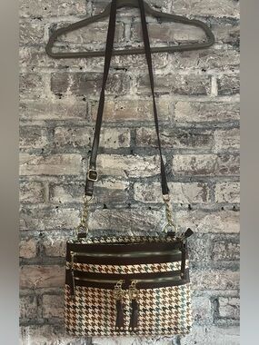 Spartina 449 Daufuskie Island Linen/Leather Houndstooth  Bag with Gold Hardware